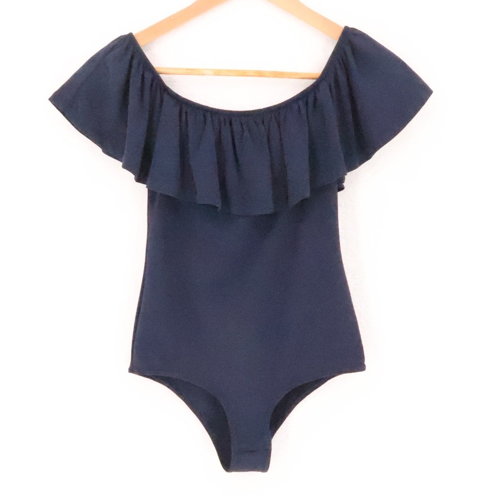 J Crew Off Shoulder Ruffle Bodysuit Womens Size XS Navy Blue Stretch Preppy